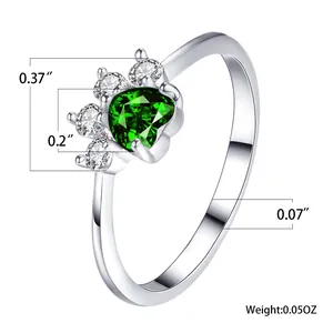 Especificaciones detalladas de tamaño y peso para el anillo de corazón con circón verde