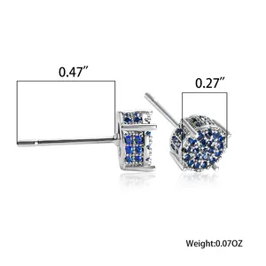 Detailansicht runder blauer Zirkonia-Ohrstecker mit Maßangaben zur Schmuckgröße