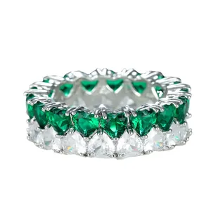Elegant double-row heart zircon ring with emerald green and white stones in silver finish