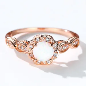 Vintage Copper Round Opal Flower Lace Ring Gold Silver Rose Gold Plated Zirconia Hollow Twist Band Finger Ring For Women