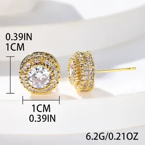 Micro-paved gold round zirconia stud earrings with halo design measuring 1cm in diameter