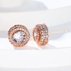 Rose gold round micro-pave stud earrings with brilliant zircon in a double halo setting