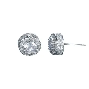 Classic round hip hop halo earrings with micro-paved cubic zirconia in 925 silver finish
