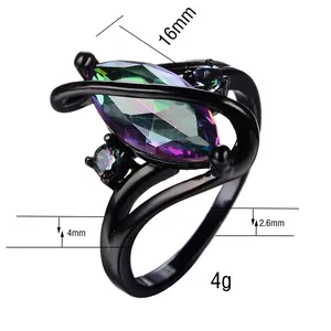 Detail van zwart goud ring met afmetingen van de 16mm marquise steen en het gewicht