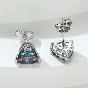 Vintage silver twist earrings with iridescent triangle purple stones in 3-prong setting