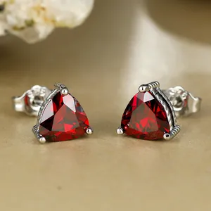 S925 silver stud earrings with triangle cut red garnets in classic three-prong setting