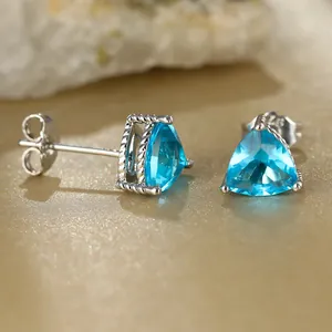 S925 sterling silver twist stud earrings with triangle cut blue gemstone inlay