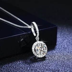 Elegant French vintage halo circle necklace with brilliant round cut diamond pendant
