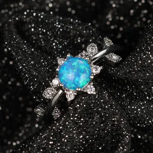 Bague en Cuivre Élégante pour Femmes Plaqué Or Blanc Rond Bleu Violet Blanc Opale Zirconia Feuille Branche Bijoux de Mode Cadeau