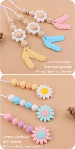 Dettaglio del set massaggiagengive in silicone morbido con girasoli e perle di legno