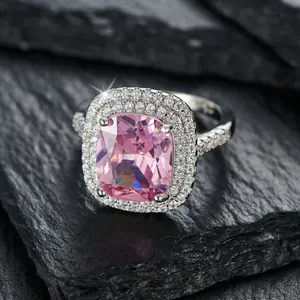 Exquisiter Quadratischer Kissen-Schliff Zirkonia Halo Ring Für Damen Sweet Cool Stil Doppel Halo Mikro-Pave Strass Kupfer Fingerring Party Schmuck