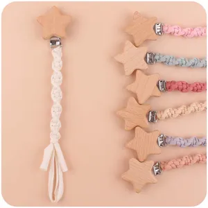 Handgefertigter Schnullerkette aus Buchenholz mit buntem Baumwollgeflecht für Babys
