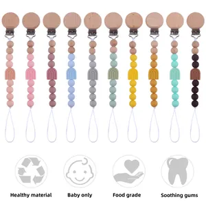 Attache-Tétine Bébé Arc-en-Ciel Perles en Silicone et Bois de Hêtre Anneau de Dentition Support Anti-Perte pour Nourrissons et Nouveau-Nés