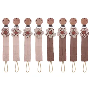 Handmade Beech Wood Baby Pacifier Clip Cartoon Flower Cotton Linen Anti-Drop Chain For Infant Toddler Teether Holder