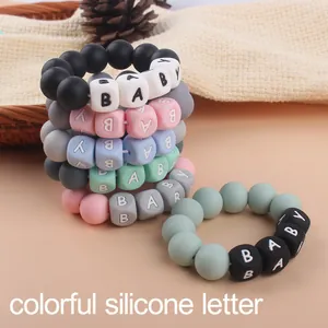 DIY baby silicone teether bracelet with colorful macaron letter beads and round silicone beads