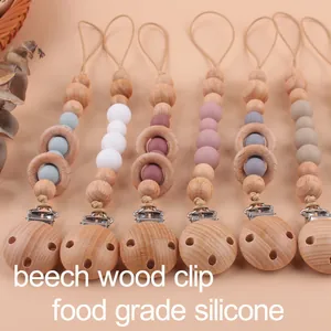 Attache-tétine pour bébé en bois de hêtre naturel et perles en silicone de qualité alimentaire