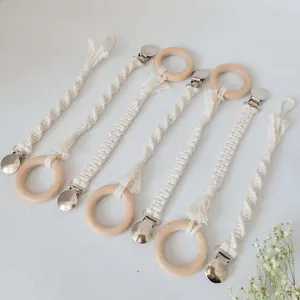 Attache-Tétine en Corde de Coton Fait Main Avec Anneau en Bois de Hêtre Naturel Style Bohème Chaîne de Dentition Bébé