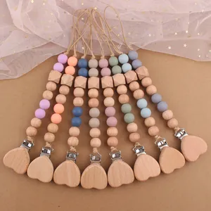 Handmade Baby Silicone Beechwood Pacifier Clip Heart Shape Wood Clip Teether Beads Chain Soother Holder For Infants Teething Toy