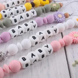Macaron color silicone daisy pacifier clip with baby letter beads and metal buckle
