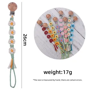 Handgefertigte gewebte Baumwoll-Schnullerkette mit Buchenholzclip und Blumendesign