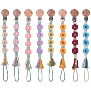 Handgewebte Baumwollseil Schnullerkette Mit Buchenholz Clip Gänseblümchen Blume Cartoon Muster Geflochtene Fallschutz Kette Quaste Halter Für Babys