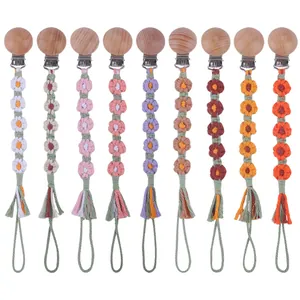 Attache-Tétine pour Bébé en Fleur au Crochet Fait Main Avec Pince en Bois de Hêtre et Corde de Coton Tressée
