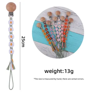 Attache-tétine fait main en hêtre et marguerites au crochet, 25cm, plusieurs coloris