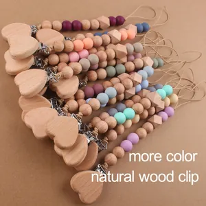 Handmade baby pacifier clips with beech wood heart clips and colorful silicone beads