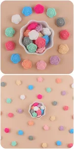 Macro detail of colorful silicone rose beads for DIY baby teething pacifier clips