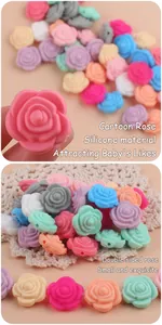 Close-up of double-sided silicone rose beads in various macaron colors for DIY teethers