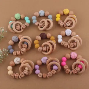 Hochet de Dentition Bébé Bracelet Perles en Silicone Bois de Hêtre Perle au Crochet Lettre de l'Alphabet BABY Anneau de Dentition Jouet Sensoriel Naturel