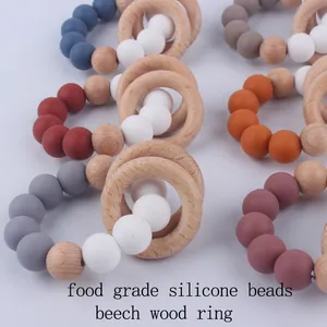 Silicone bead and beech wood baby teething bracelet set with food grade materials