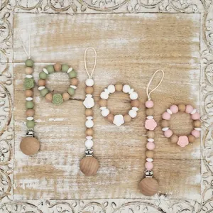 Baby Silicone Rose Flower Beads Pacifier Clip And Teether Bracelet Beech Wood Soothing Toy For Infants Accessories