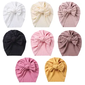 Baby Turban Hat Large Bow Ribbed Knit Soft Cotton Headwrap Beanie For Newborn Infant Toddler Girls Accessories