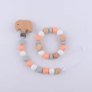 Silicone And Beech Wood Baby Pacifier Clip And Teether Set Cartoon Elephant Star Heart Pattern Food Grade Beads Infant Anti Drop Chain