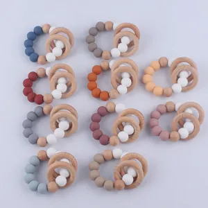 Silicone Beads Beech Wood Ring Baby Teether Bracelet Infants Toddlers Teething Relief Sensory Toy Natural BPA Free Nursing Jewelry
