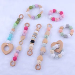 Macaron Beech Wood Baby Teether Toy Handmade Crochet Cotton Ball Heart Bracelet Soothing Sensory Grasping Ring For Infant