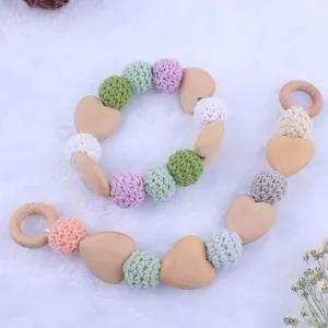 Baby beech wood heart teether and macaron crochet bead rattle ring set for infants