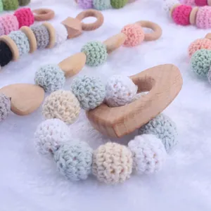 Handmade beech wood baby teether ring set with colorful macaron crochet cotton beads