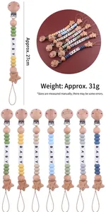 Baby Schnullerkette mit Stern aus Buchenholz, Silikonperlen und weißen BABY-Würfeln