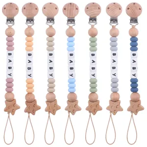 Silikon Buchenholz Baby Schnullerkette Stern Beißkette Mit Buchstabenperlen Für Säuglinge Beruhigender Beißring Halter