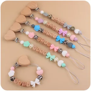 Baby Silicone Beech Wood Pacifier Clip Heart Letter Bead Soothing Anti-Drop Chain For Infants Leopard Bow Design Holder
