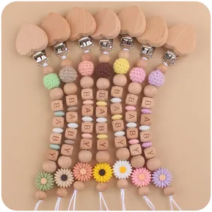 Beech Wood Silicone Baby Pacifier Clip Chain Heart Clip Daisy Flower Wooden Alphabet Beads Soothing Leash For Toddlers