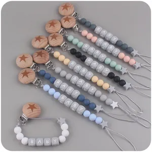 Attache-tétine en Silicone pour Bébé Avec Perles Étoiles en Bois de Hêtre Chaîne de Tétine Fait Main pour Garçons Filles
