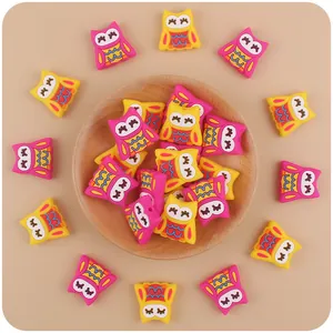 Cartoon owl silicone beads for DIY baby teething pacifier clips in yellow and rose pink