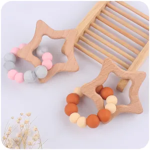Star-shaped beech wood and colorful silicone bead baby teether rattle for infant gum relief
