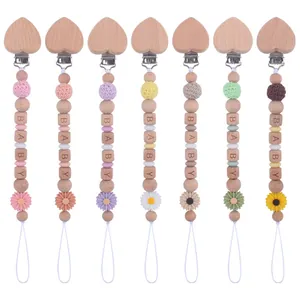 Beech wood heart clip baby pacifier chain with silicone beads and crochet balls
