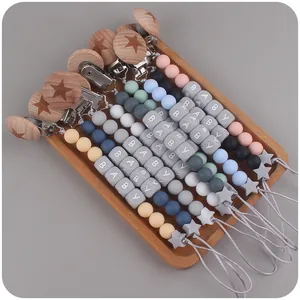 Lot de 6 attaches-tétines pour bébé avec étoiles en bois et perles en silicone BABY