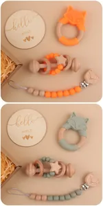 Detail of baby teething set with silicone fox teethers, wooden rattles and pacifier clips