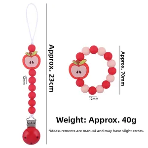 Silicone baby pacifier clip and apple teething ring set with 23cm length and 70mm diameter
